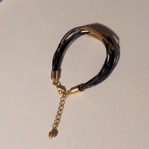 Wanderlust Black Leather Cord Gold Tone Tube Bead Bracelet With Extender